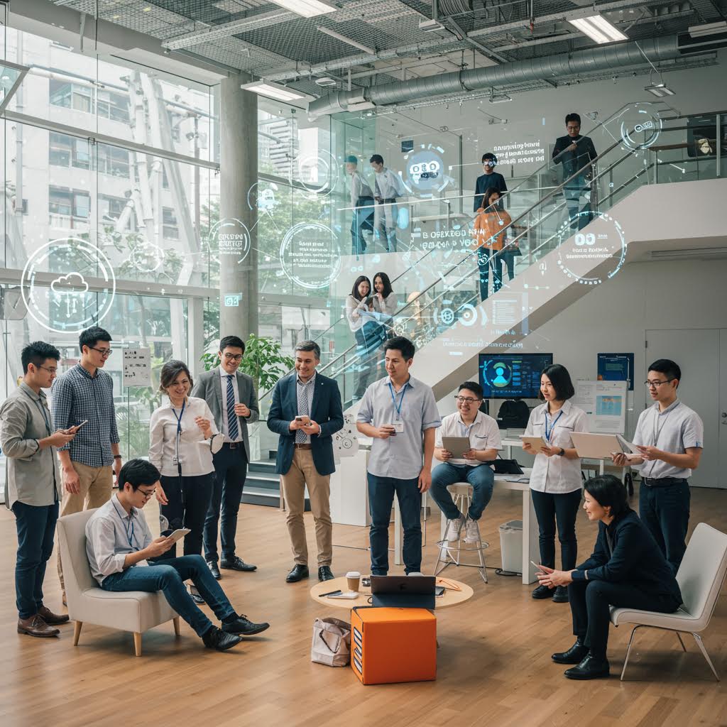 오피스에서 API 연동 시나리오를 토론하는 디지털 전환 회의