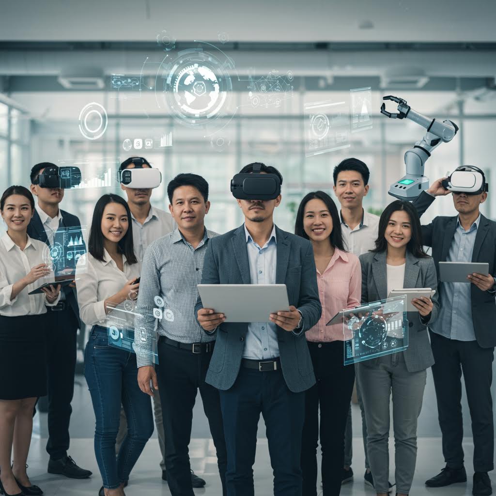 VR 기기와 디지털 패널로 협업하는 중소기업 임직원