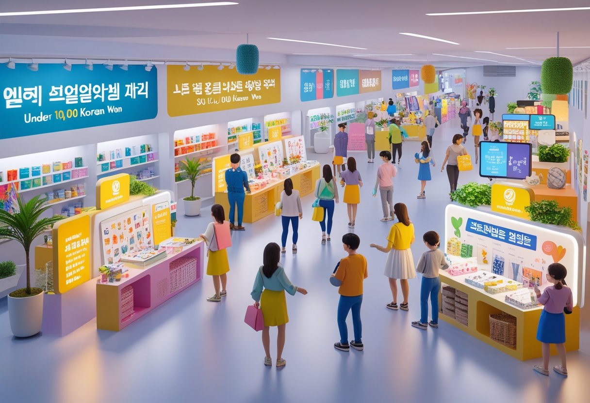 다양한 취미용품이 진열된 쇼핑몰 내부에서 사람들이 즐겁게 쇼핑하는 모습