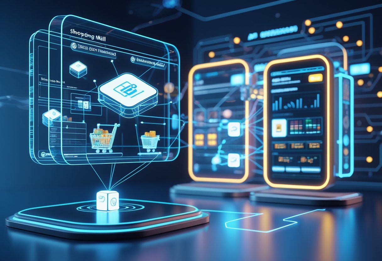 API 연동된 쇼핑몰과 슬롯 통합솔루션이 연결된 디지털 환경의 3D 장면