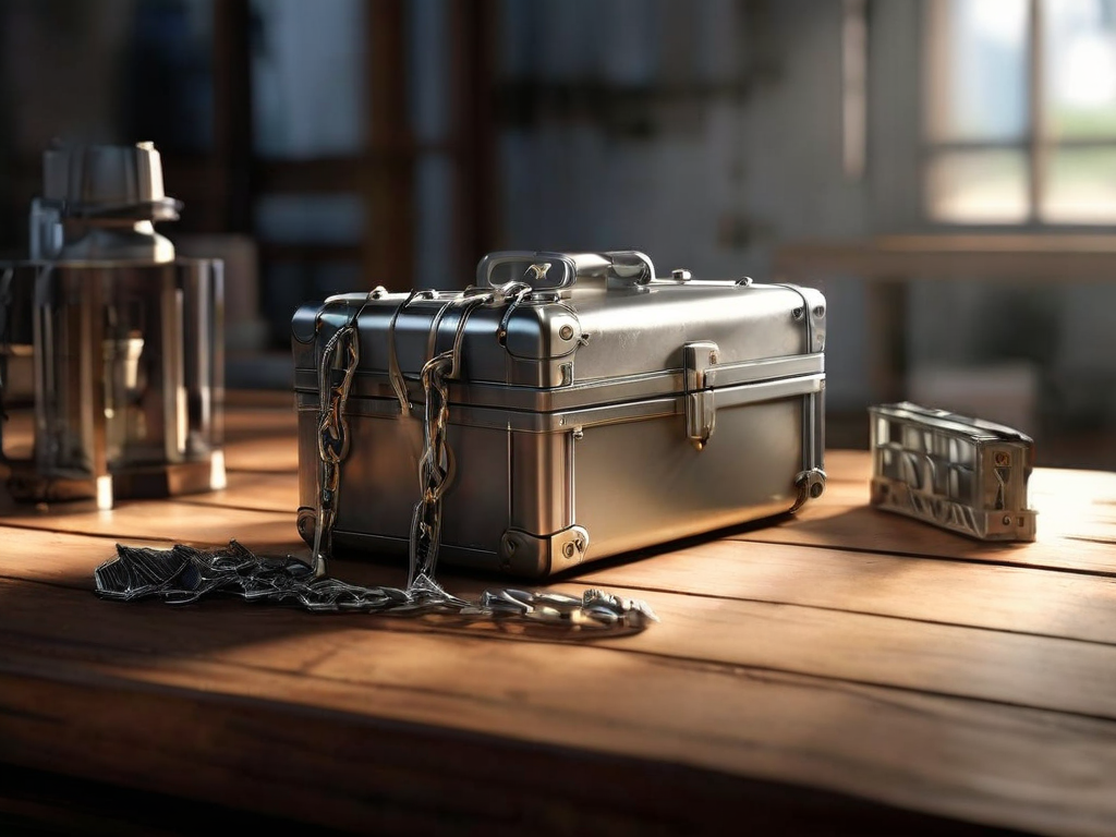 Brushed metal case with chain and small blocks on table, morning light, security metaphor.