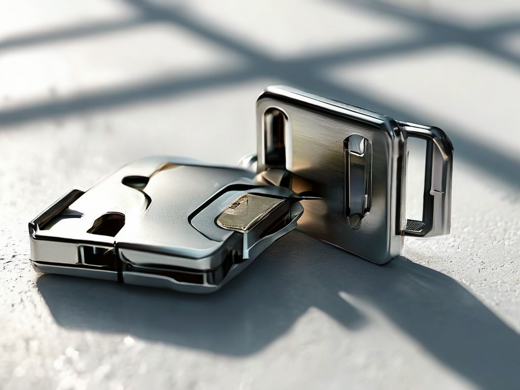 Small metal lock, closed key case, and blank security card on brushed metal surface for account safety preparation.