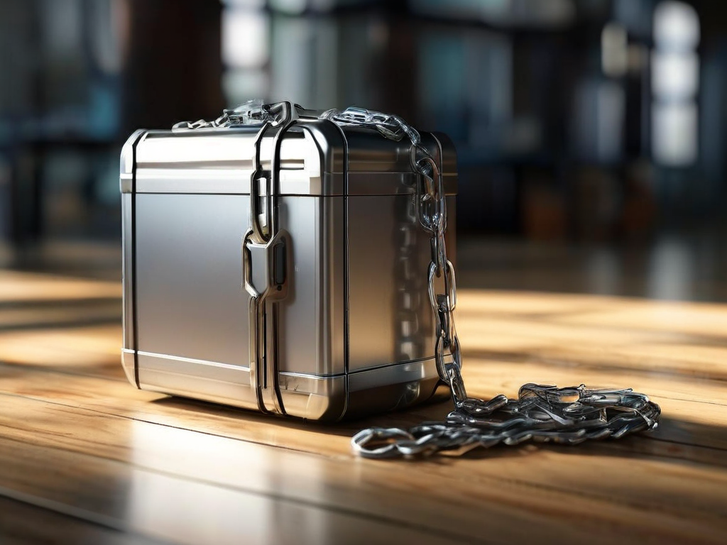 A sealed metal case with a short chain and separate data blocks on a brushed surface, representing compressed mobile video...