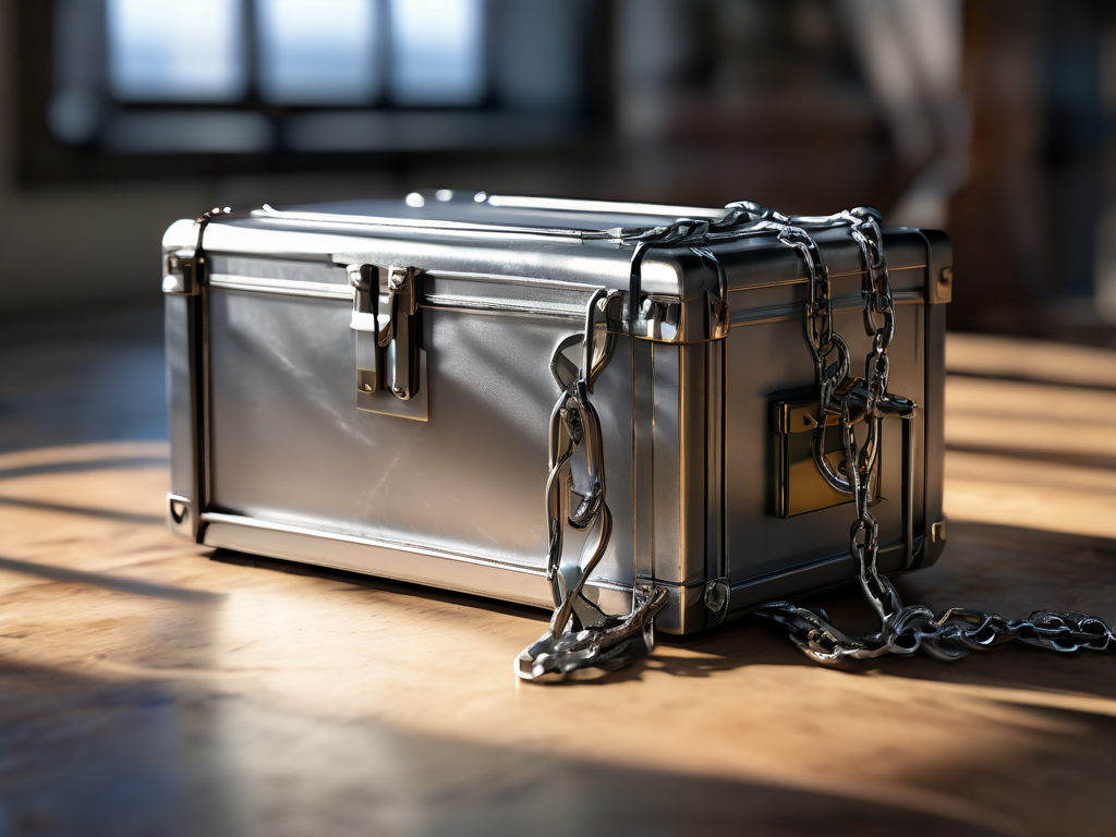 A sealed metal case with a short chain and small blocks representing file locations on a brushed surface.