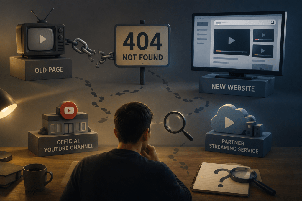Concept illustration of a viewer tracing a TV program across a broadcaster's website, official YouTube channel, mobile app, and partner streaming service to find where the content has moved.