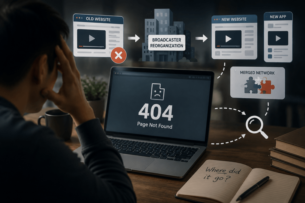 Person looking at a laptop displaying a 404 error while symbolic icons show an old broadcaster website transitioning to a new platform after a network reorganization.