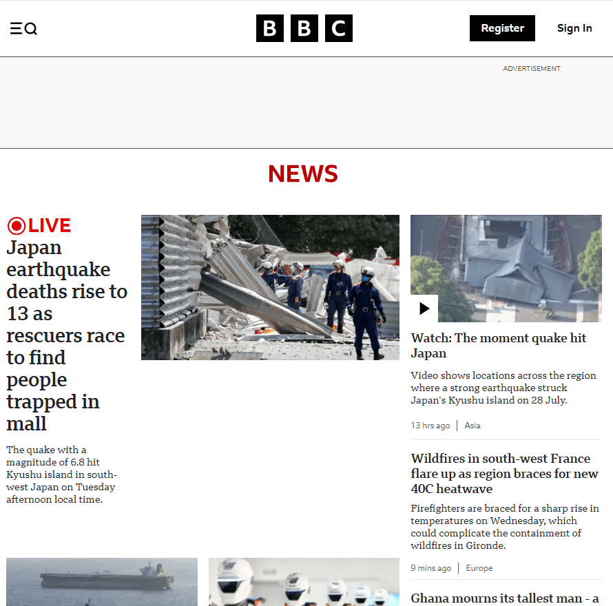 BBC News homepage displaying international headlines.